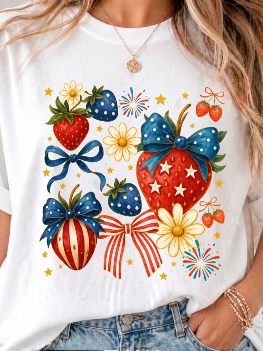 Gildan White Tee with Patriotic Strawberry & Bow Graphic